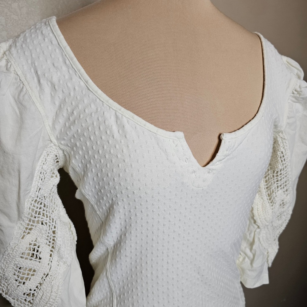 Free People Brunch Date Eyelet Crochet Lace Balloon Sleeve Knit Top Small Ivory - Picture 4 of 12